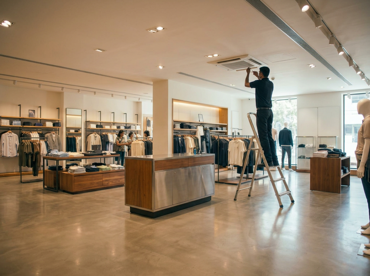 A technician maintaining a retail store while the business remains open