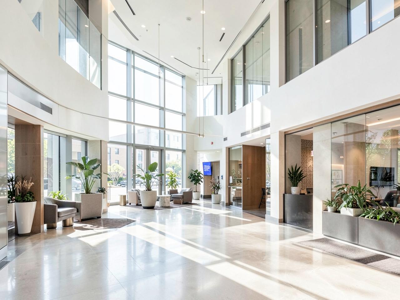 Bright commercial office building lobby maintained by a facility services partner