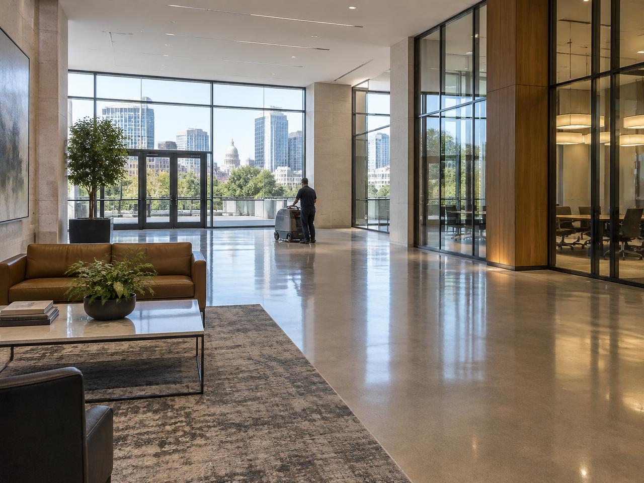 Commercial cleaning crew cleaning a modern office lobby floor