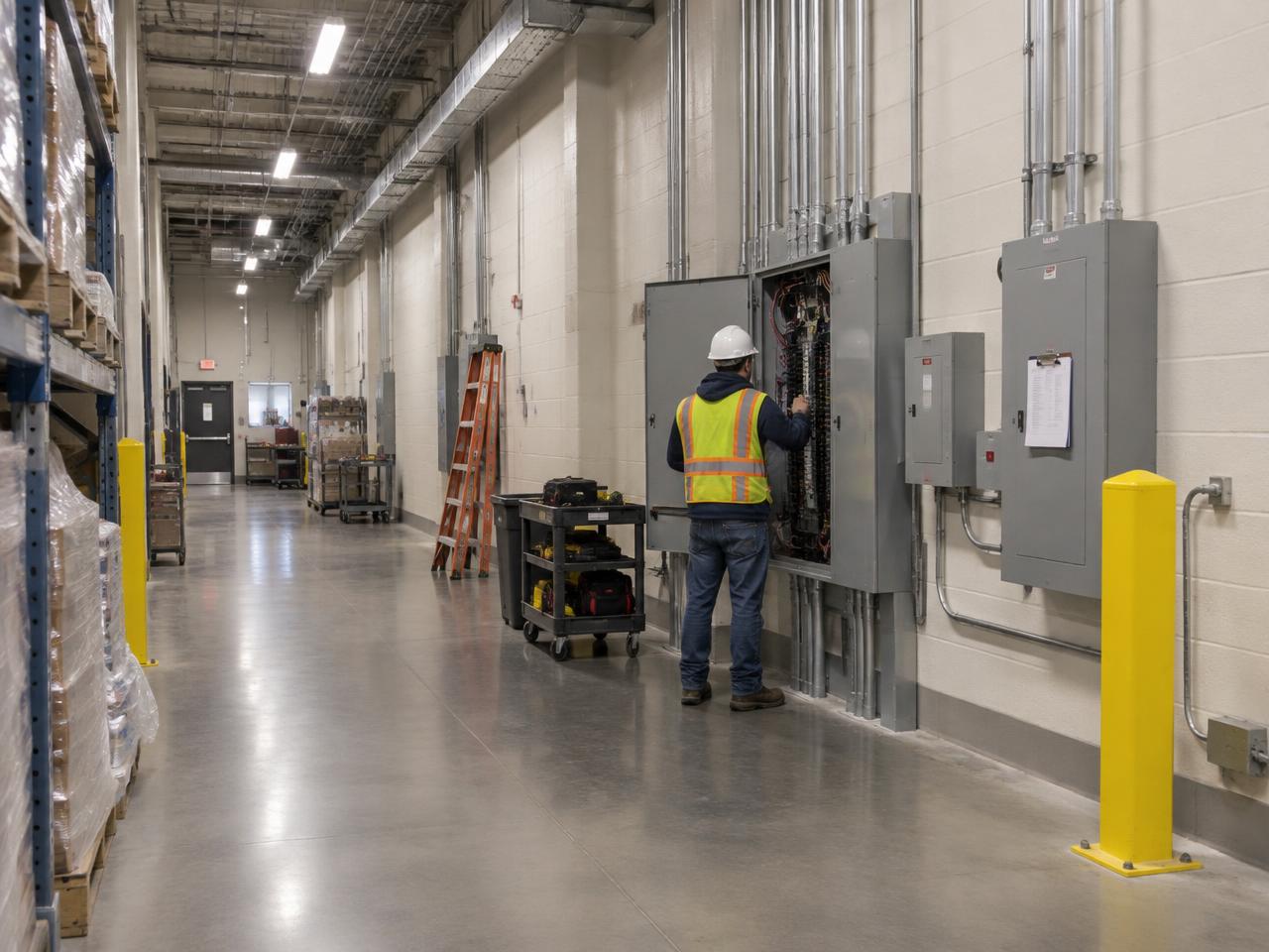 Electrician working on a commercial electrical panel in a retail store