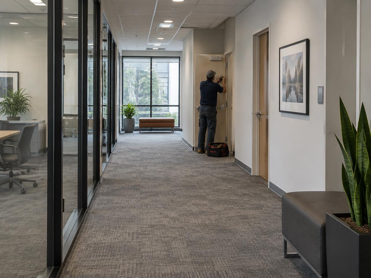 Maintenance worker installing a door closer in a commercial office lobby