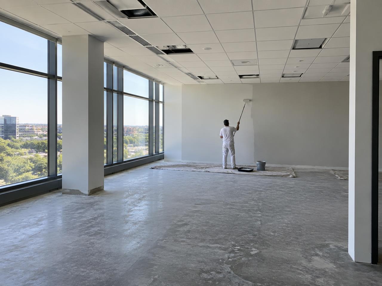 Painter applying fresh paint to a commercial interior wall